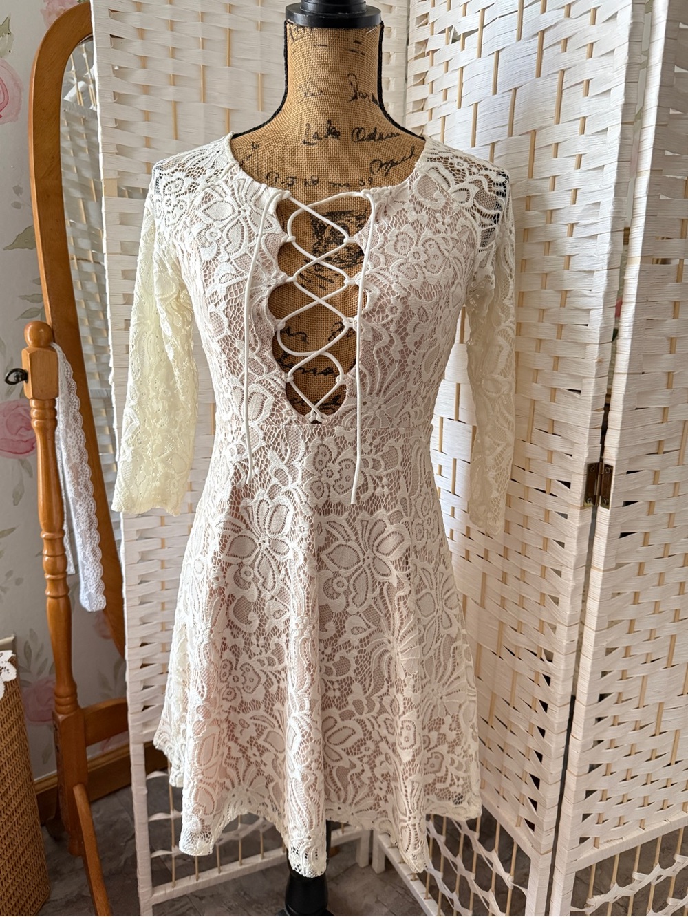 Lace-Up Ivory Lace Mini Dress
